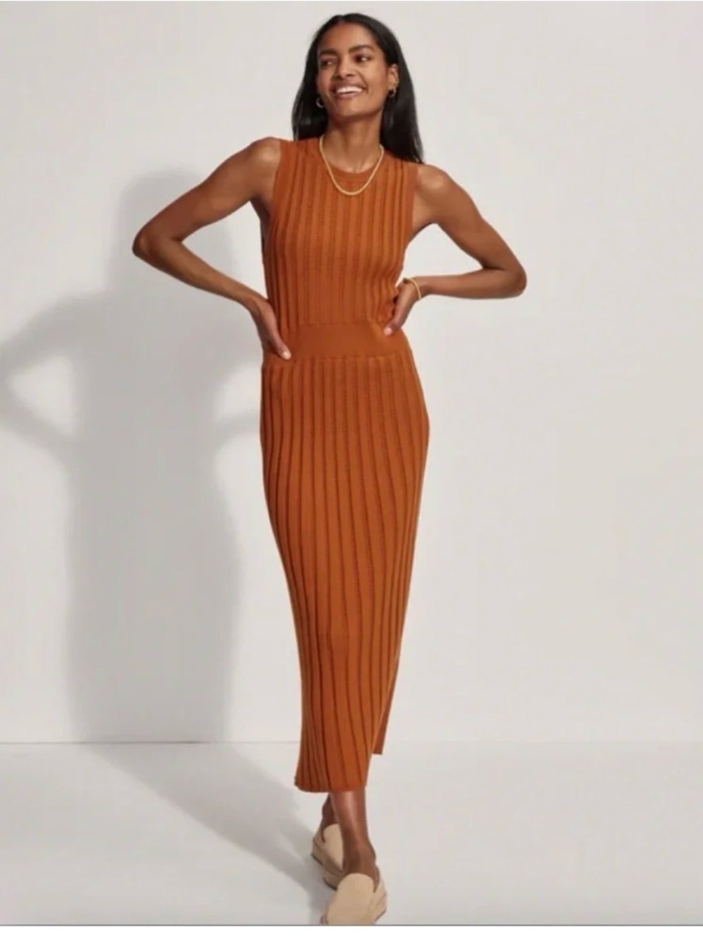 Varley Sleeveless Ribbed Midi Dress in Burnt Orange size S